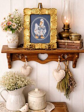 Blue Ribbon Lace Duck Decor Print in Gold Frame 8.5"tall x 6"wide Grandma Core